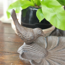 Load image into Gallery viewer, The Leaferie Barry Cast Iron bird tray. close up of bird