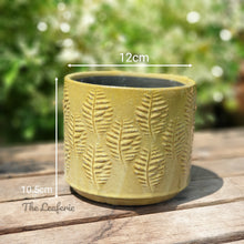Load image into Gallery viewer, The Leaferie Aswan plant pot . green ceramic planter. top view . measurement