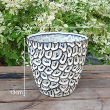 Load image into Gallery viewer, The Leaferie Azur plant pot. blue ceramic planter. front view. measurement