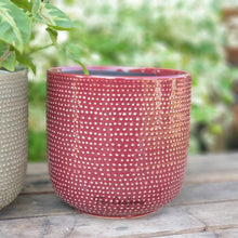 Load image into Gallery viewer, The Leaferie Carmel plant pot. sage and red ceramic flowerpot. front view of red pot