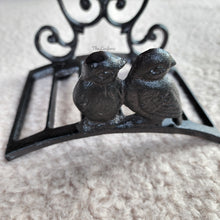 Load image into Gallery viewer, The Leaferie cast iron water hose holder. front view and close up of birds