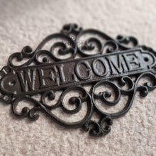 Load image into Gallery viewer, The Leaferie Cast Iron HOME welcome sign. front view