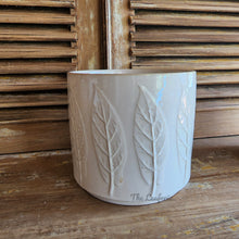 Load image into Gallery viewer, The Leaferie Hodna white ceramic pot. 3 sizes. pot with leaf motif