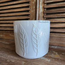 Load image into Gallery viewer, The Leaferie Hodna white ceramic pot. 3 sizes. pot with leaf motif