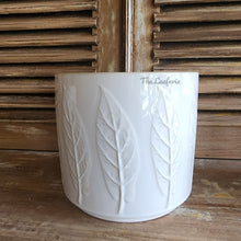 Load image into Gallery viewer, The Leaferie Hodna white ceramic pot. 3 sizes. pot with leaf motif
