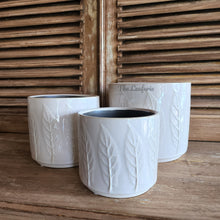 Load image into Gallery viewer, The Leaferie Hodna white ceramic pot. 3 sizes. pot with leaf motif