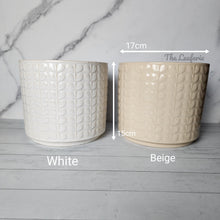 Load image into Gallery viewer, The Leaferie Corsica plant pot. 2 sizes. front view of white and beige colour . size