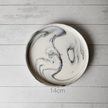 Load image into Gallery viewer, The Leaferie Marbled like round ceramic trays. 6 designs. white marble . top view of size 14cm
