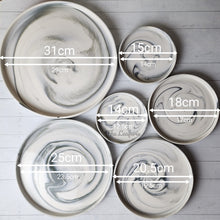 Load image into Gallery viewer, The Leaferie Marbled like round ceramic trays. 6 designs. white marble . top view and size