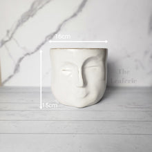 Load image into Gallery viewer, The Leaferie Faustine face white ceramic pot. front view and size