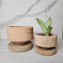 Load image into Gallery viewer, The Leaferie Pascale terracotta pot with tray. 2 sizes. Front view of both sizes