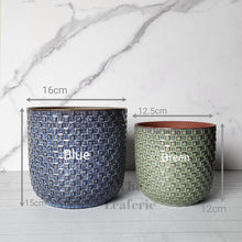 Load image into Gallery viewer, The Leaferie Chambery pot. blue and green ceramic plant pot . front view size