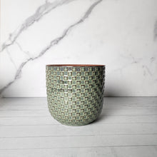 Load image into Gallery viewer, The Leaferie Chambery pot. blue and green ceramic plant pot . front view of green pot