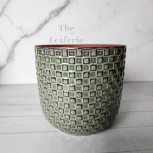 Load image into Gallery viewer, The Leaferie Chambery pot. blue and green ceramic plant pot . front view of green pot