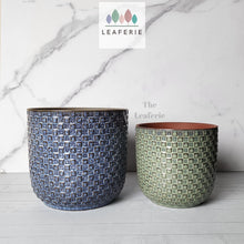 Load image into Gallery viewer, The Leaferie Chambery pot. blue and green ceramic plant pot . front view