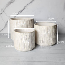 Load image into Gallery viewer, The Leaferie Florent white ceramic pot. 3 sizes . front view and size