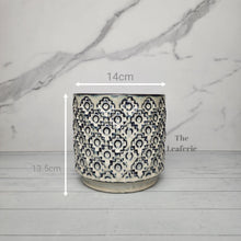 Load image into Gallery viewer, The Leaferie Edmee plant pot blue tint ceramic pot. front view and size