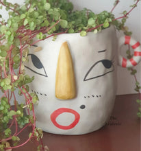 Load image into Gallery viewer, The Leaferie Faccia handmade pot. ceramic face pot. front view of stripey ear with plant