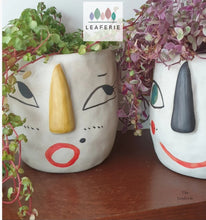 Load image into Gallery viewer, The Leaferie Faccia handmade pot. ceramic face pot. front view of stripey ear