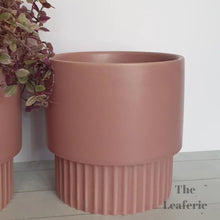 Load image into Gallery viewer, The Leaferie Blush plant pot. pink ceramic flowerpot. front view. close up