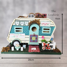 Load image into Gallery viewer, The Leaferie Hanging Caravan Bird house garden decoration. Made from wood.