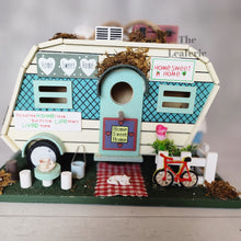 Load image into Gallery viewer, The Leaferie Hanging Caravan Bird house garden decoration. Made from wood.