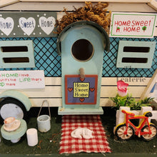 Load image into Gallery viewer, The Leaferie Hanging Caravan Bird house garden decoration. Made from wood.