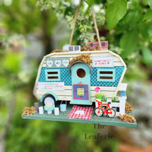 Load image into Gallery viewer, The Leaferie Hanging Caravan Bird house garden decoration. Made from wood.
