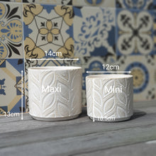 Load image into Gallery viewer, The Leaferie Elmeri plant pot. leaf imprint ceramic pot with 2 colours grey and white. front view and size