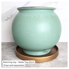 Load image into Gallery viewer, The Leaferie Aalto round green and white ceramic flowerpot. 
