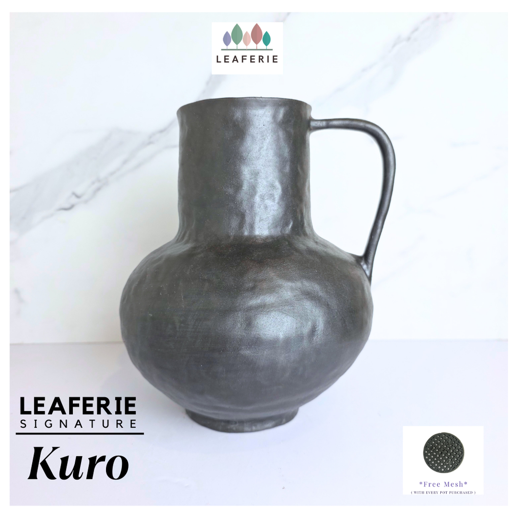Kuro Leaferie Signature Black ceramic pitcher with 'Leaferie' 