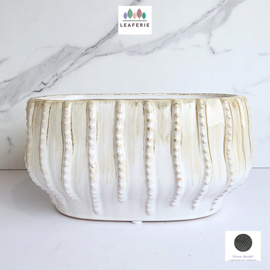 The Leaferie Jethro Long shallow pot. ceramic material and white colour