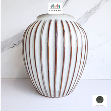 Load image into Gallery viewer, The Leaferie Velde tall flowerpot. ceramic white colour with stripes
