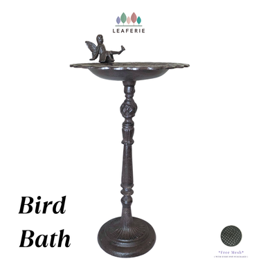 Cast Iron bird bath with a fairy figure on a white background, featuring the Leaferie brand.