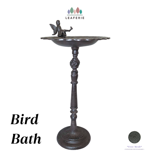 Cast Iron bird bath with a fairy figure on a white background, featuring the Leaferie brand.