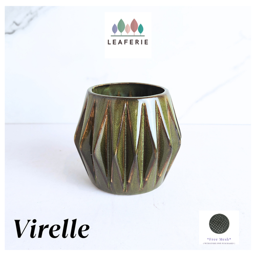 Leaferie Virelle ceramic pot with geometric pattern on a white background, featuring the brand 'LEAFAERIE'.