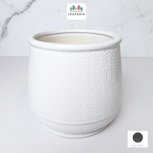 Load image into Gallery viewer, The Leaferie Nordman white ceramic pot with small imprinted design.
