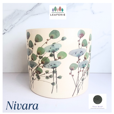 Decorative pot with floral design on a white background, featuring the brand 'LEAFERIE'.