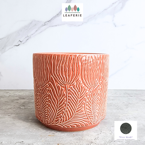 The Leaferie Roselle red / orange ceramic pot with leaf imprint.