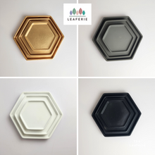 Load image into Gallery viewer, The Leaferie hexagon ceramic trays . 4 colours, black, grey, gold and black. and 3 sizes. front view of all colours
