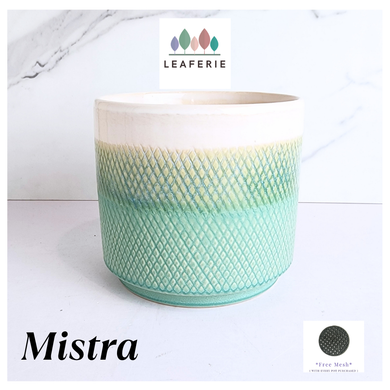 Mistra Teal textured  in a pot with 'LEAFAERIE' branding on a white background