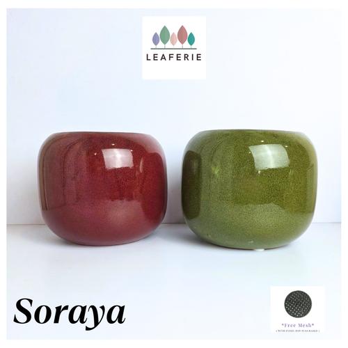 Soraya ceramic pots, one red and one green, with 'LEAFERIE' branding on a white background.