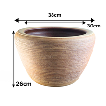 Load image into Gallery viewer, A small tapered planter pot with a textured beige-brown exterior and a dark brown interior, shown with dimension arrows and labels indicating a width of 38 cm, depth of 26 cm, and rim diameter of 30 cm on a white background.
