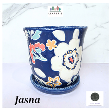 Load image into Gallery viewer, Jasna Decorative ceramic planter with floral design on a white background, featuring the brand &#39;LEAFERIE&#39;.
