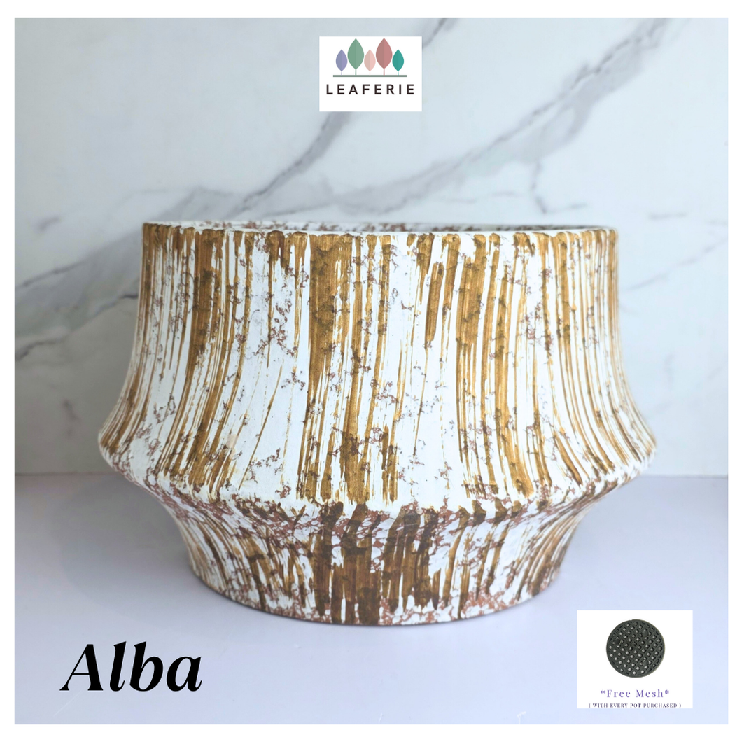 Alba big Ceramic planter with textured design on a marble background, featuring the brand 'LEAFERIE'.
