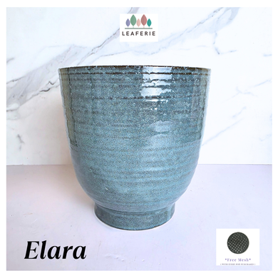 Elara Blue ceramic planter with Leaferie brand