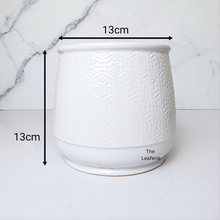 Load image into Gallery viewer, The Leaferie Nordman white ceramic pot with small imprinted design.
