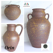 Load image into Gallery viewer, Orin Three rustic brown ceramic vases with handles on a white background, featuring the brand &#39;LEAFERIE&#39;.
