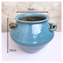 Load image into Gallery viewer, Koji Leafeire signature Blue ceramic pot with handles. Ceramic material
