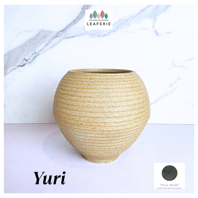 Leaferie Yuri Beige textured vase labeled 'Yuri' on a white background with 'LEAFERIE' branding.